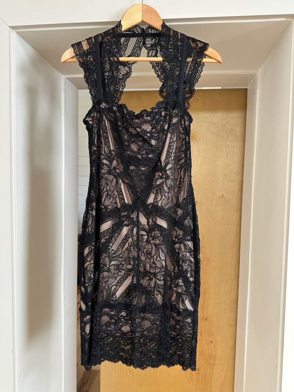 Nicole Miller Black Lace Midi Dress with Nude Lining